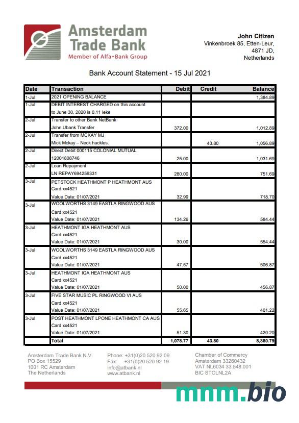 Netherlands Amsterdam Trade wzór wyciągu bankowego w formacie Word i PDF format